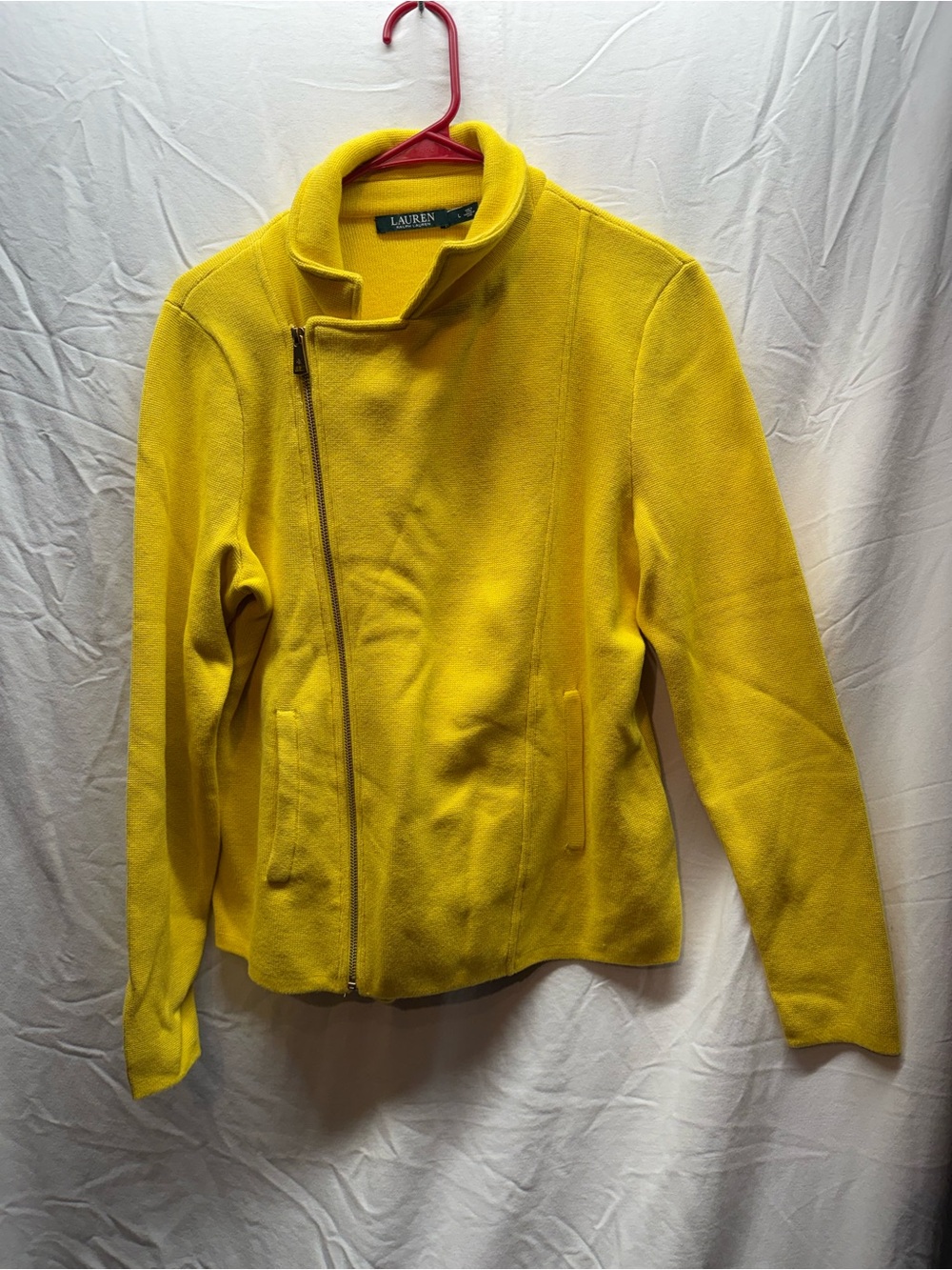 Lauren Ralph Lauren Yellow Asymmetrical Zip Moto Sweater Jacket Large